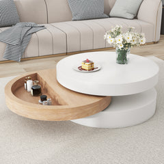 Round Rotating Coffee Table, 360 Rotating Tabletop,  End Table, 3 Layer Sofa Sidetable, Hidden Storage Space, 60x60x35,1 Cm, MDF, White Wood
