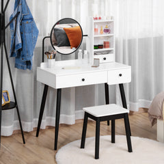 Dressing Table Set With Mirror And Stool, Vanity Makeup Table With 3 Drawers And Open Shelves For Bedroom, Living Room, White