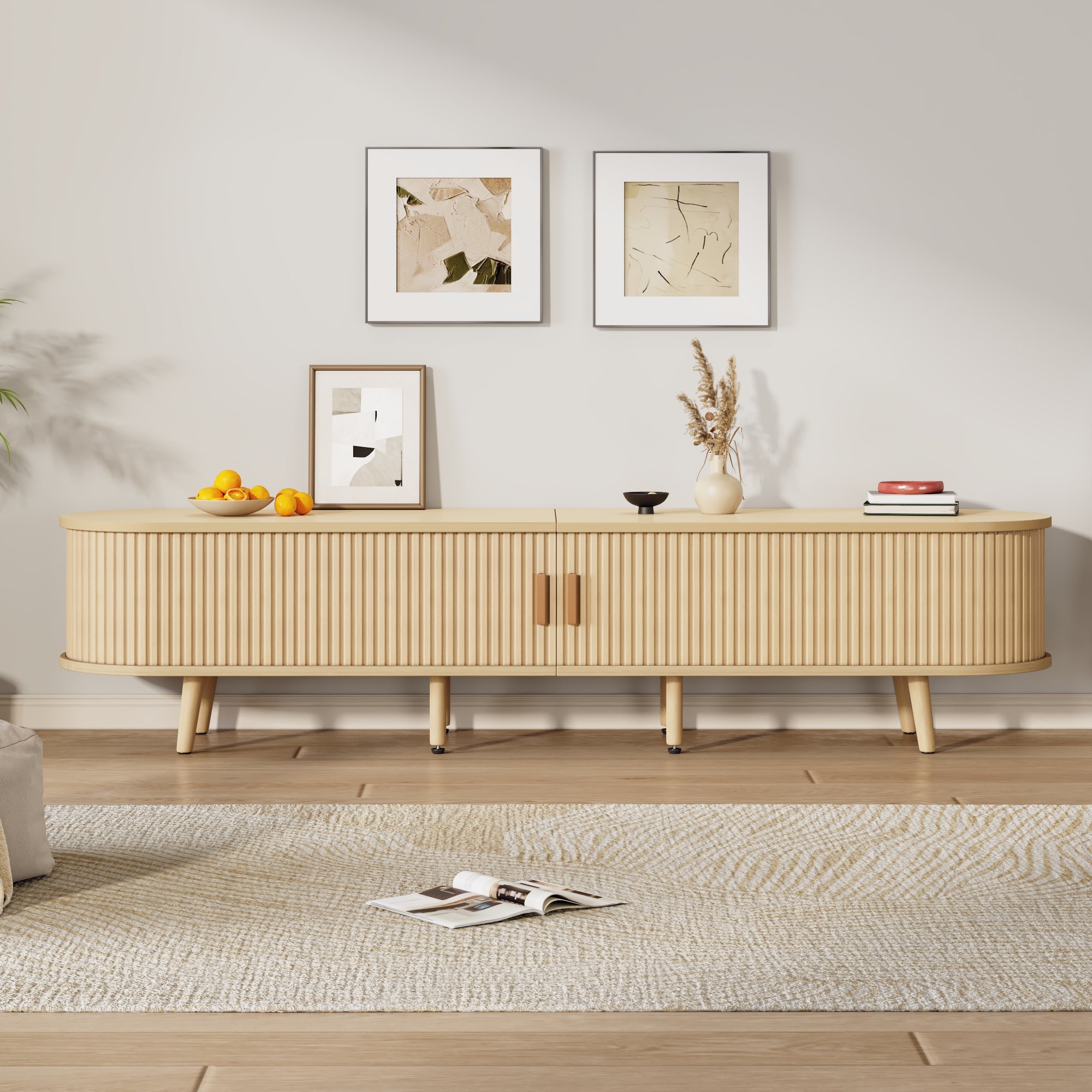 TV Stand With 2 Drawer 2 Sliding Doors 2-Tier Storage Shelf,Oval TV Cabinet Storage Sideboard With Rounded Corners For Livingroom Bedroom,175x40x42cm,Wood Color,MDF,weight Capacity 30kg,for 70inch TV