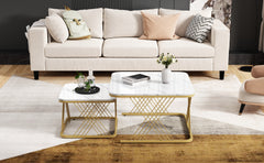 Nest Of 2 Tables,Square Coffee Table Set,Nesting Sofa Table,Multi-functional End Side Table,Nesting Tables With Gold Metal Frame Legs And Marble Pattern White Top For Living Room,70x70x43cm,White Gold