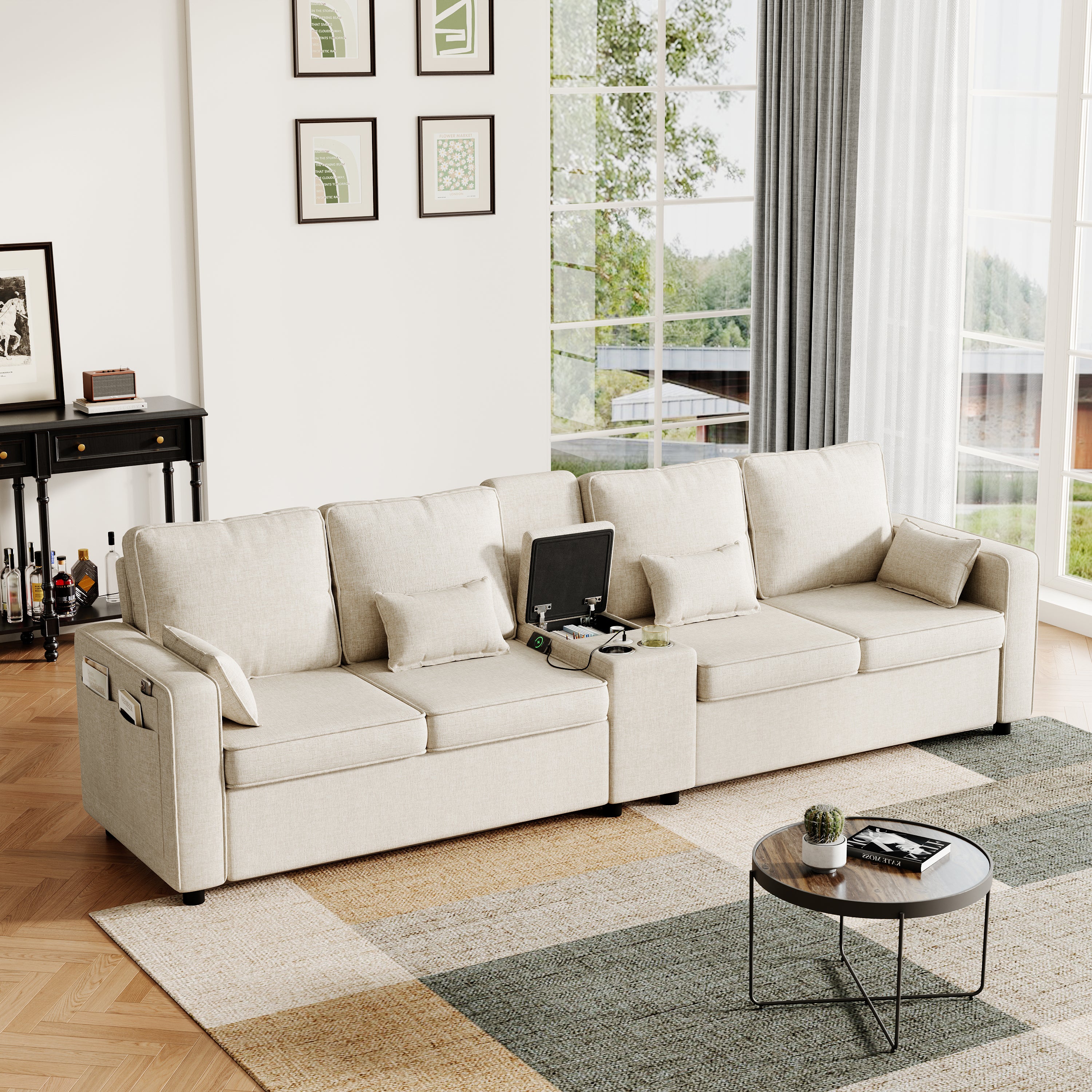 4-Seater Modern Sofa With Storage Console, Minimalist Style Couch With Side Pockets, Cup Holders And Charging Ports USB & Type-C For Living Room, Apartment, Office,Beige, Linen Fabric