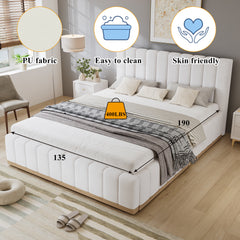 Upholstered Bed, 4ft6 Double Bed 135x190cm, Sturdy Bed Slats, Comfortable Soft Headboard, PU  MDF Plywood, Beige