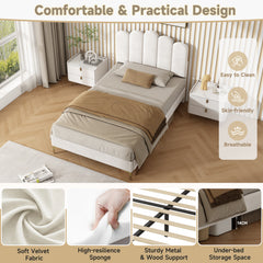 3ft Single  Premium Velvet Upholstered Bed Frame With Scalloped Channel Tufted Design, Height Adjustable Headboard & Gold Metal Feet, Under-bed Storage Space, No Box Spring Needed, Beige  No Mattress