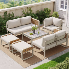 Outdoor Garden Lounge Set, Rattan Furniture Set For 6-7 People, Corner Sofa With Galvanised Iron Frame, Adjustable Legs, Includes All Seat And Back Cushions, Beige