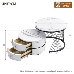 High Gloss Round Nesting Coffee Table With Marble Top, End Table, White & Gold Nesting Coffee Table Set Of 2 Center Table With Storage Drawers For Living Room