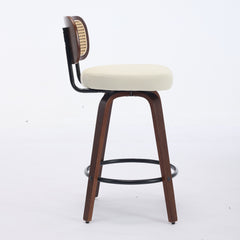 Set Of 3 Counter Height Bar Stools  26 Inch Rattan Counter Height Stools With Cane Back, Upholstered Seat, Walnut Craftsmanship, Swivel Counter Stools For Island  Kitchen  Counter  Bar Walnut Beige