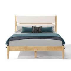 Queen Size Solid Wood Bed Frame With Fleece Upholstered Headboard, Ivory