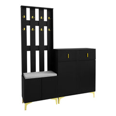 Wardrobe Set With Shoe Bench And Cushion, Wardrobe Front With Hooks, Shoe Cabinet With Drawers And Doors