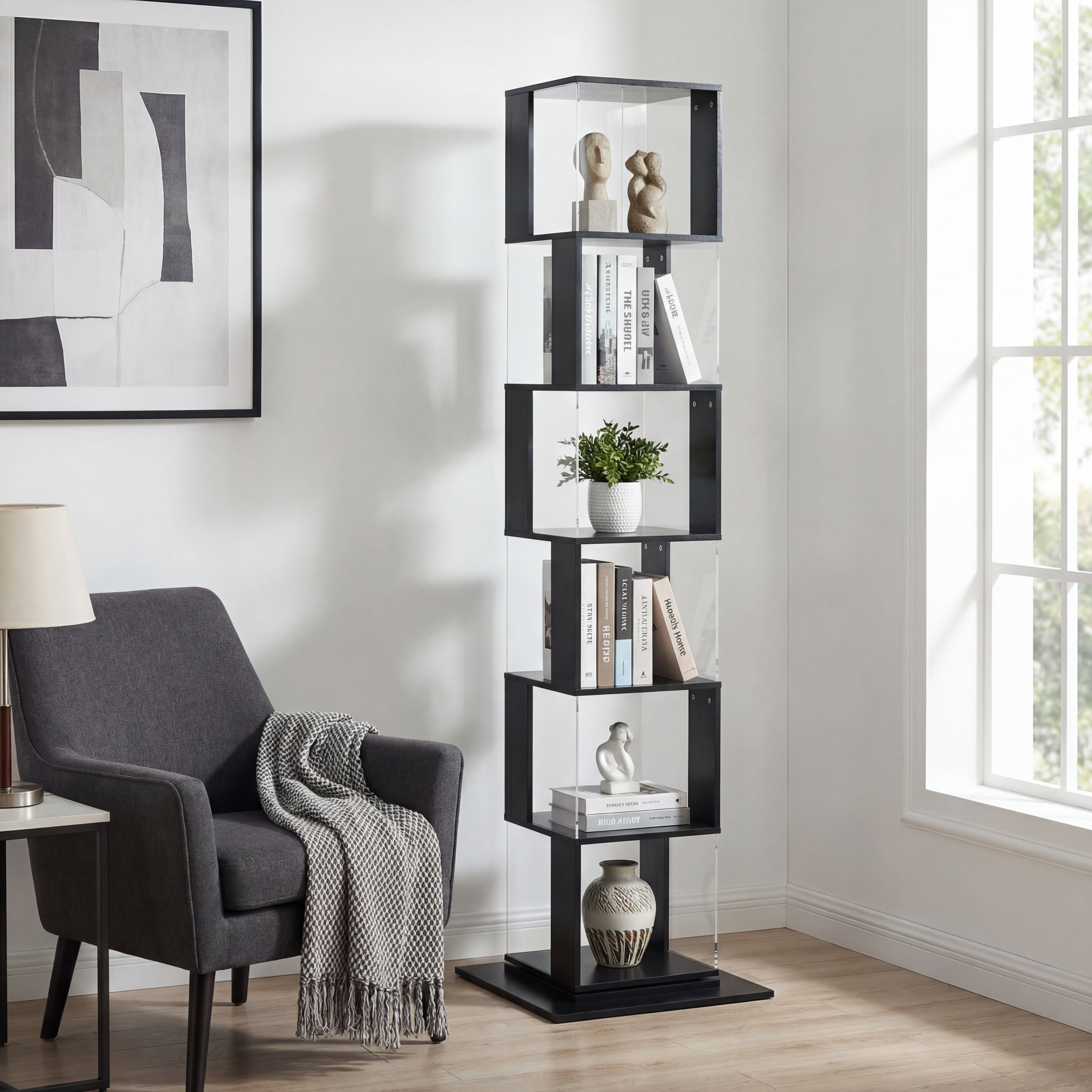 360 Rotating Bookshelf With Acrylic Plate, 6-Tier Tall, Floor Rack Simple Bookcase, Modern Display Shelf For Living Room Home Office Bedroom
