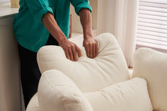 Chenille Swivel Armchair With 3 Back Cushion Pillow Ottoman Crescent Stool, Ivory