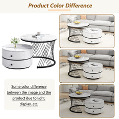 High Gloss Round Nesting Coffee Table With Marble Top, End Table, White & Gold Nesting Coffee Table Set Of 2 Center Table With Storage Drawers For Living Room