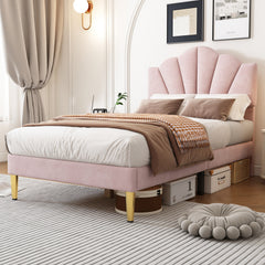 Velvet Upholstered Bed,Single Bed-3ft 90x190cm, Shell-like Bed With Golden Iron Legs, Height-adjustable Headboard, Wooden Slatted Frame