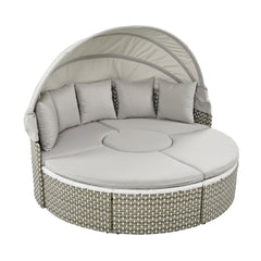 TOPMAX Patio Furniture Round Outdoor Sectional Sofa Set Rattan Daybed Two-Tone Weave Sunbed With Retractable Canopy, Separate Seating And Removable Cushion, Gray