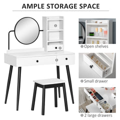 Dressing Table Set With Mirror And Stool, Vanity Makeup Table With 3 Drawers And Open Shelves For Bedroom, Living Room, White