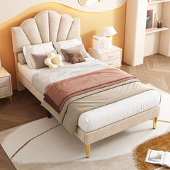 Velvet Upholstered Bed,Single Bed-3ft 90x190cm, Shell-like Bed With Golden Iron Legs, Height-adjustable Headboard, Wooden Slatted Frame