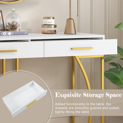 Console Table, Hallway Table With 2 Drawers, Light Luxury Style Side Table, Sofa Table, 110x32x85 Cm, White Gold