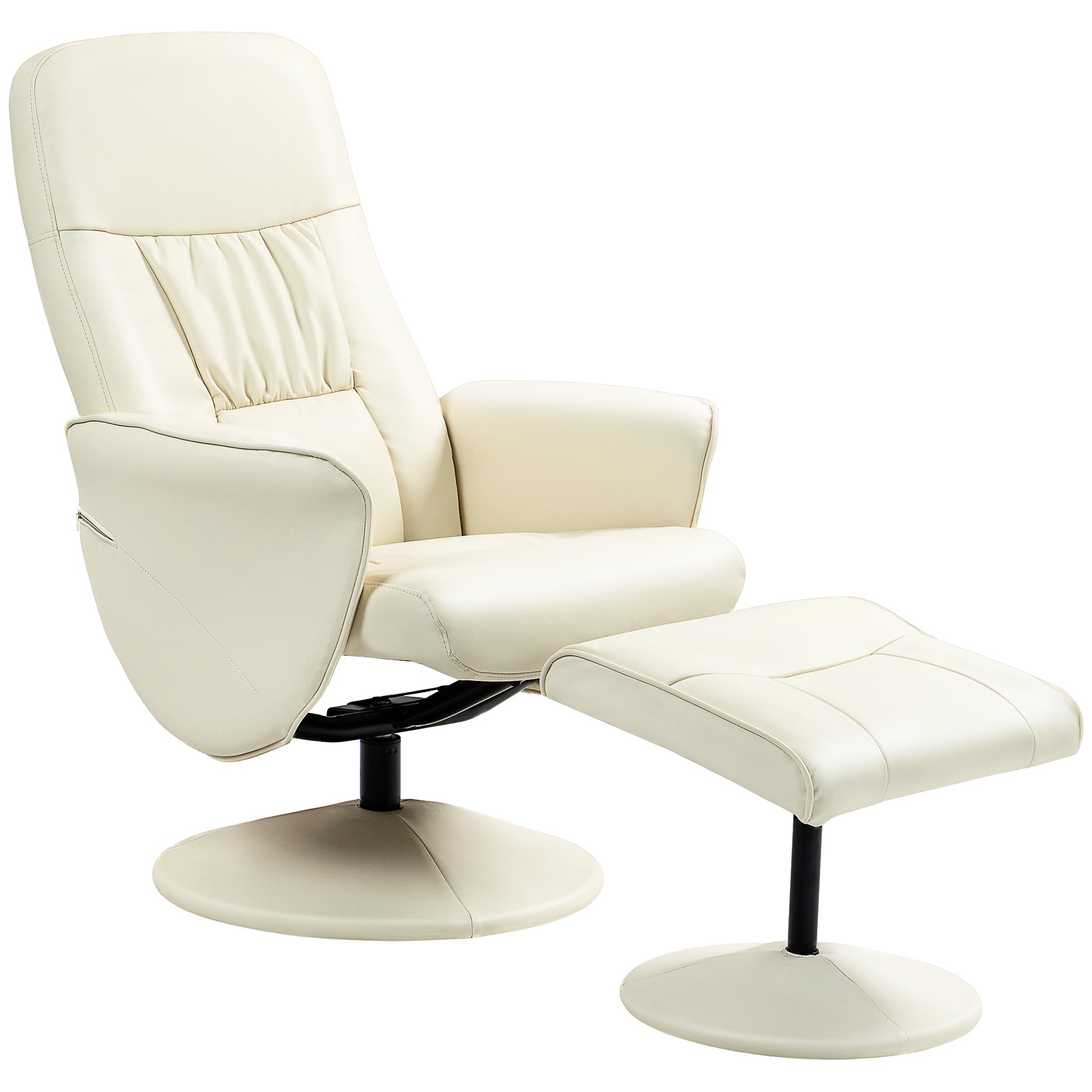 Swivel Recliner Chair With Footstool, PU Leather Armchair And Ottoman With High Back And Round Base For Living Room, Cream White