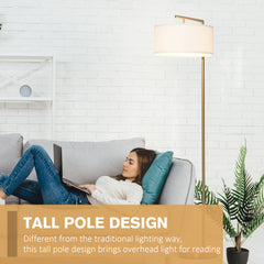Floor Lamp, Modern Standing Lamp With Linen Lampshade, Round Base For Living Room, Bedroom, Dining Room, 153cm, Gold And White