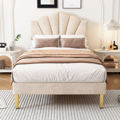 Velvet Upholstered Bed,Single Bed-3ft 90x190cm, Shell-like Bed With Golden Iron Legs, Height-adjustable Headboard, Wooden Slatted Frame