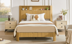 Full Extra Long Full XL  Size Bed Frame With Storage Headboard, Built-in Charging Station, Wavy Curved Lines Design, Silent Operation, Metal Support, Natural
