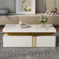 Modern White Rectangular Coffee Table With Marble Pattern Triamine Board Top And 2 Wooden Drawers, Living Room Table, 100x50x40cm
