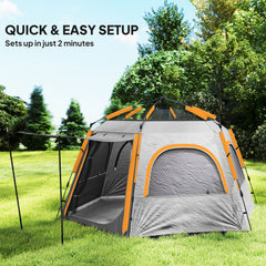 Instant Pop Up Camping Tent, 2/3/4 Person Easy Setup Dome Family Tent With Vestibule, Rainfly, 4 Mesh Windows & 2 Doors, Hexagonal Design, Waterproof & UV Protected, Light Grey