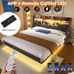 Upholstered Bed 4ft6 Floating Bed With LED Lighting, USB Type-C Charging, Storage Headboard For Cellphones And Tablets,  135 X 190 Cm Double Bed With Metal Slatted Frame, Linen, Grey  No Mattress