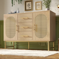 Rattan Sideboard Storage Cabinet With 2 Doors 3 Drawers, Storage Cabinet For Living Room, Bedroom, And Hallway, Metal Handles, Adjustable Shelves, Anti-Tip, 120 X 40 X 74 Cm, Oak