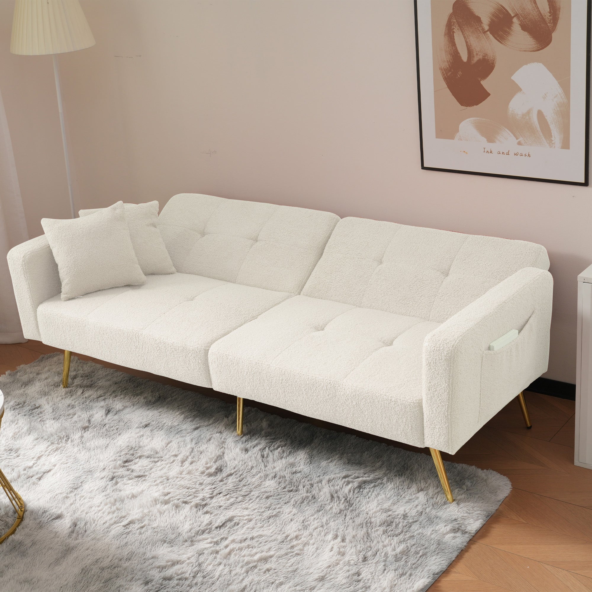 The Sofa Bed Has A Bed Function, Three Adjustable Backrest Angles, Gold Legs, Cushions And Side Storage Pockets.