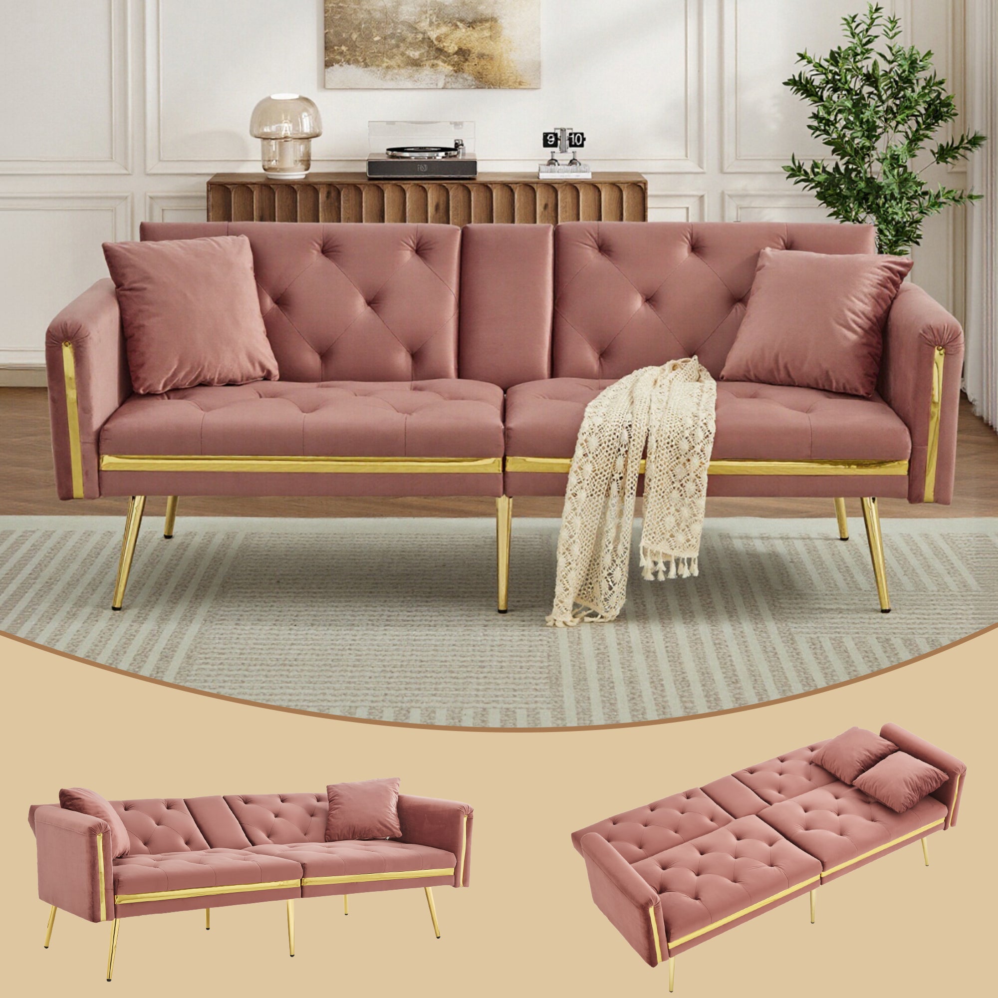 Two-seater Sofa Bed With Adjustable Backrest, Gold Accents And Built-in Cup Holders - Convertible Into A Comfortable And Space-saving Two-seater Sofa For Both The Living Room And Bedroom