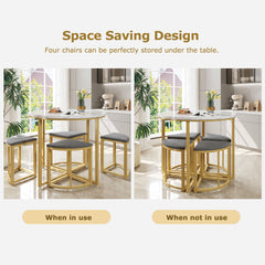Modern Metal Frame Round Marble Dining Table And Chair Set 5 Pieces With 4 Semi-circular Stools, Suitable For Small Apartments And Restaurants