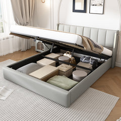 LED Upholstered Super King Size Bed - 6ft 180x200cm With Storage & Hydraulic Lift, USB Charging Ports, Adjustable Headboard & Lighting, PU , Grey