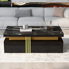 Modern White Rectangular Coffee Table With Marble Pattern Triamine Board Top And 2 Wooden Drawers, Living Room Table, 100x50x40cm
