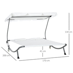 Double Sun Lounger With Adjustable Detachable Canopy, Portable Garden Daybed For 2 With Wheels, Outdoor Sunbed Hammock With 2 Pillows, 220 KG Max. Load, White