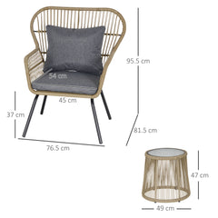 3 Pieces Rattan Bistro Set, Wicker Garden Furniture Set With Cushions, Glass Top Coffee Table And Chairs For Outdoor, Patio, Balcony, Brown