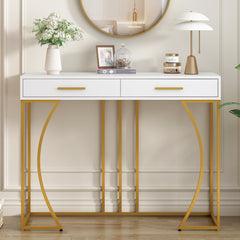 Console Table, Hallway Table With 2 Drawers, Light Luxury Style Side Table, Sofa Table, 110x32x85 Cm, White Gold