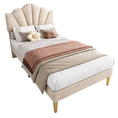 Velvet Upholstered Bed,Single Bed-3ft 90x190cm, Shell-like Bed With Golden Iron Legs, Wooden Slatted Frame, Upholstered Bench With Storage Space 90x40x42cm