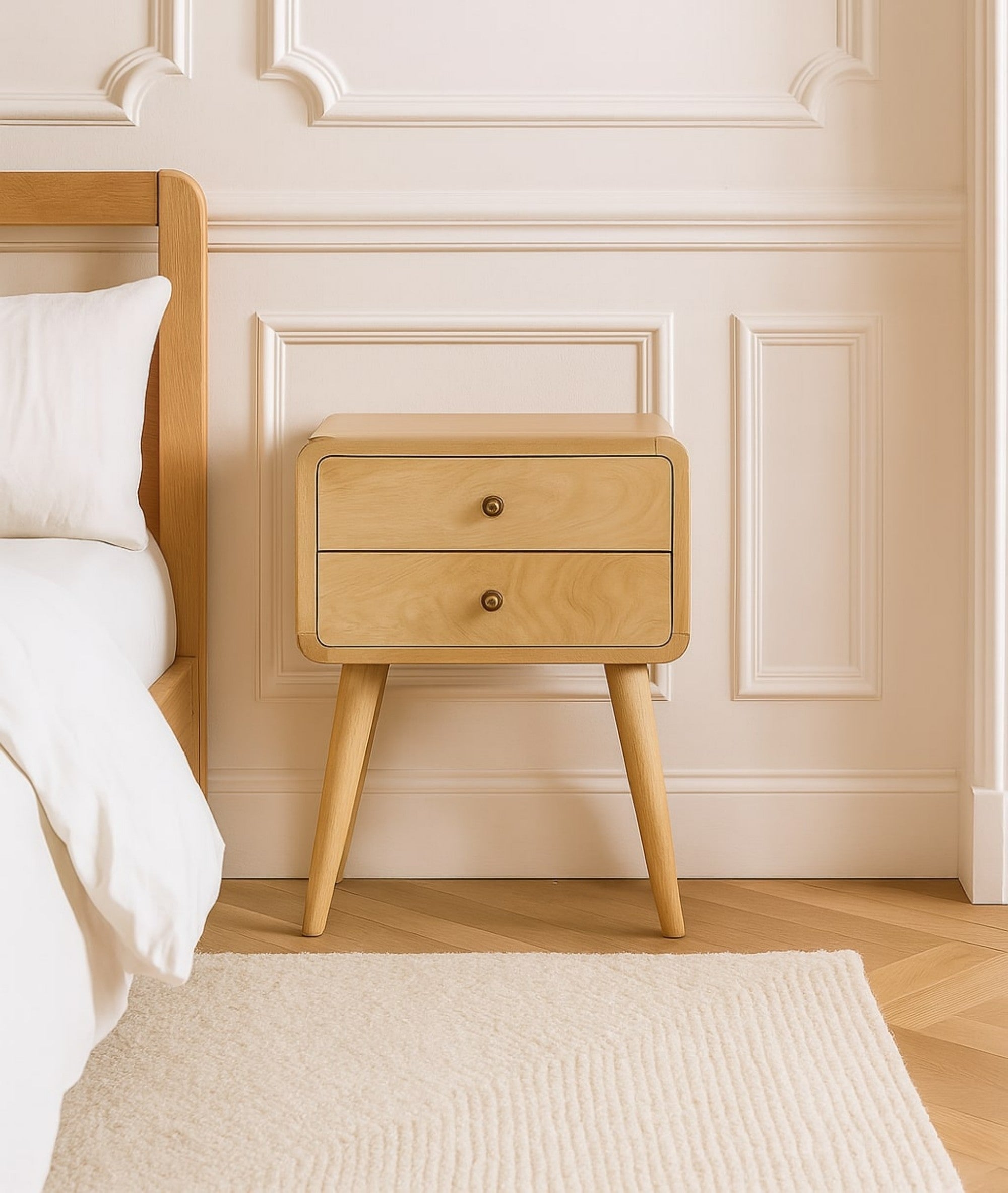 Solid Wood Curved Oak-ish Bedside, 2 Drawers, Beige