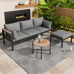 Garden Furniture Set, Corner Set, Sofa  Coffee Table  Footstool, Galvanized Steel Tube, Glass Table Top, Suitable For Gardens, Swimming Pools And Other Outdoor Areas, Grey