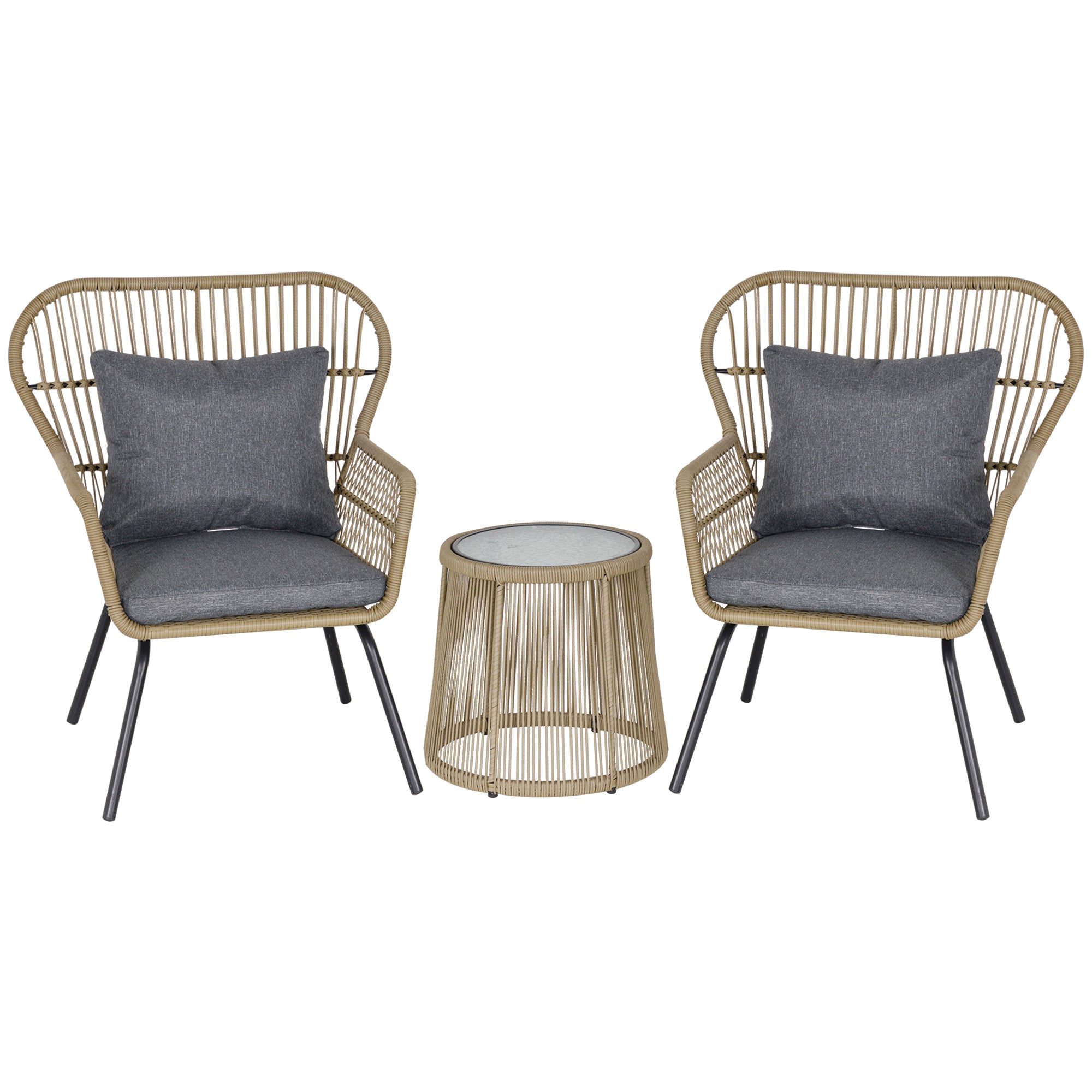 3 Pieces Rattan Bistro Set, Wicker Garden Furniture Set With Cushions, Glass Top Coffee Table And Chairs For Outdoor, Patio, Balcony, Brown
