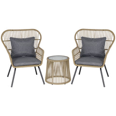 3 Pieces Rattan Bistro Set, Wicker Garden Furniture Set With Cushions, Glass Top Coffee Table And Chairs For Outdoor, Patio, Balcony, Brown
