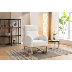 Mid Century Modern Teddy Fabric Upholstered Rocking Chair Padded Seat For Living Room Bedroom, Beige