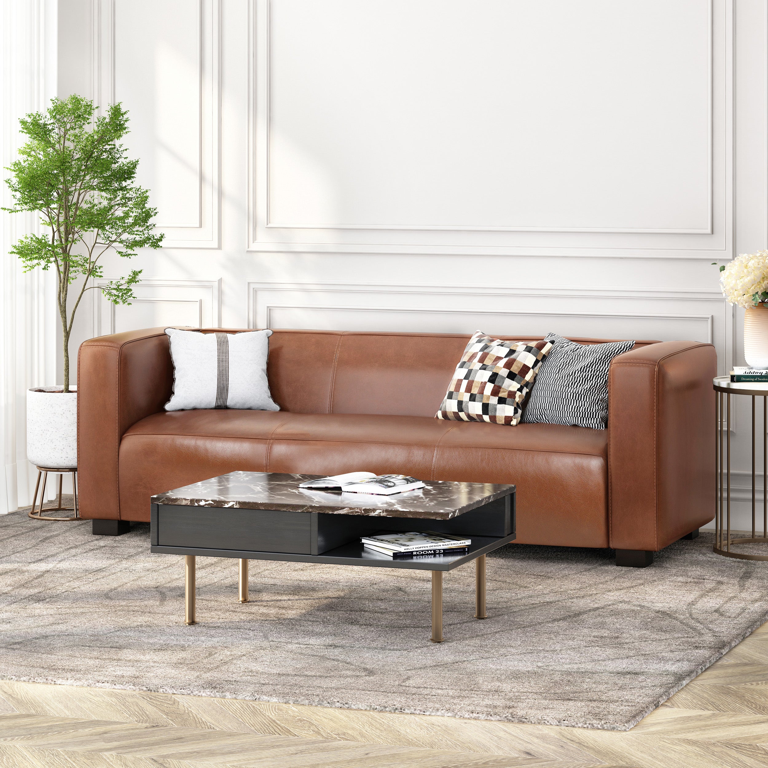 Light Brown Leather Sofa - Modern 3-Seater Living Room Couch With Plush Comfort, 80.25 Wide - Elegant Home Furniture