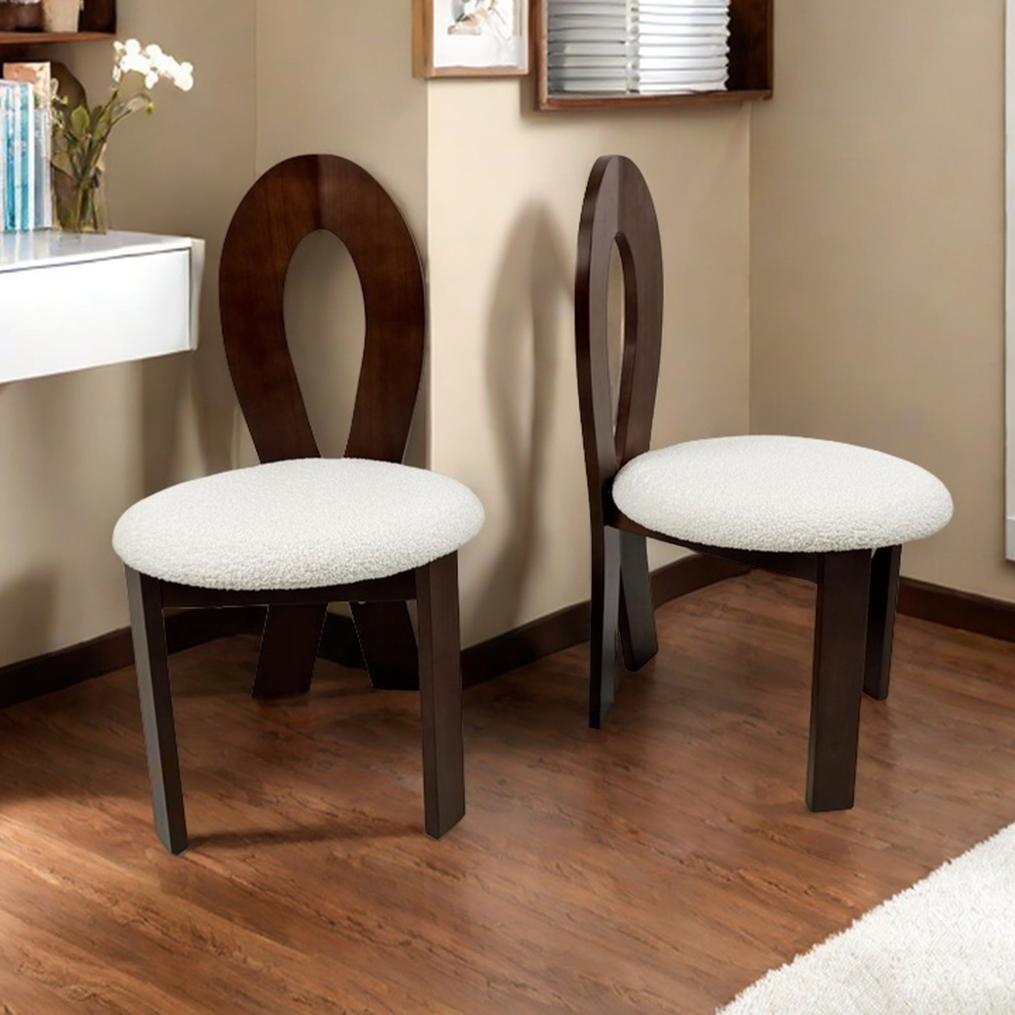Dining Chairs Set Of 2  Key-design Home Chairs  Pure White Teddy Velvet Solid Wooden Dining Chairs With Ribbon-Cross Backrest For Kitchen & Dining Room - Deep Walnut Brown