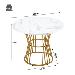 Dining Table Set  5-piece , Dining Table Set With 4 Chairs, Kitchen Table Set, Round Dining Table With 100 Cm Diameter And Golden Metal Legs, White MDF Table Top, Black Velvet Dining Chairs