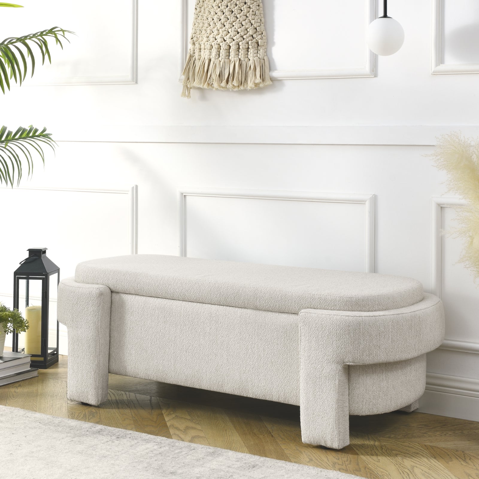 Linen Fabric Bench With Large Storage For Living Room, Entryway, Bedroom