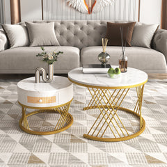 2 In 1 Round Coffee Table Made Of MDF With Marble Grain Veneer Top, Rattan Drawers And Solid Wood Handles. Gold Coloured Iron Legs. 70x70x45.5  50x50x38.5cm