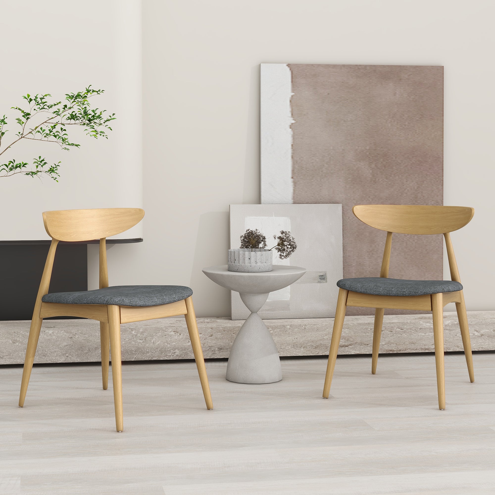 Set Of 2 Retro Rubberwood Chairs With Ergonomic Back & Plush Cushions, Natural-Gray