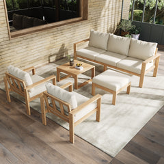 4-6 Seater Garden Lounge Set, Acacia Wood Frame Outdoor Patio Furniture,Includes All Chairs & Backrest Cushions,Three-seater Table - Two Single Seats-  Ottoman  Coffee Table,Natura- Cream