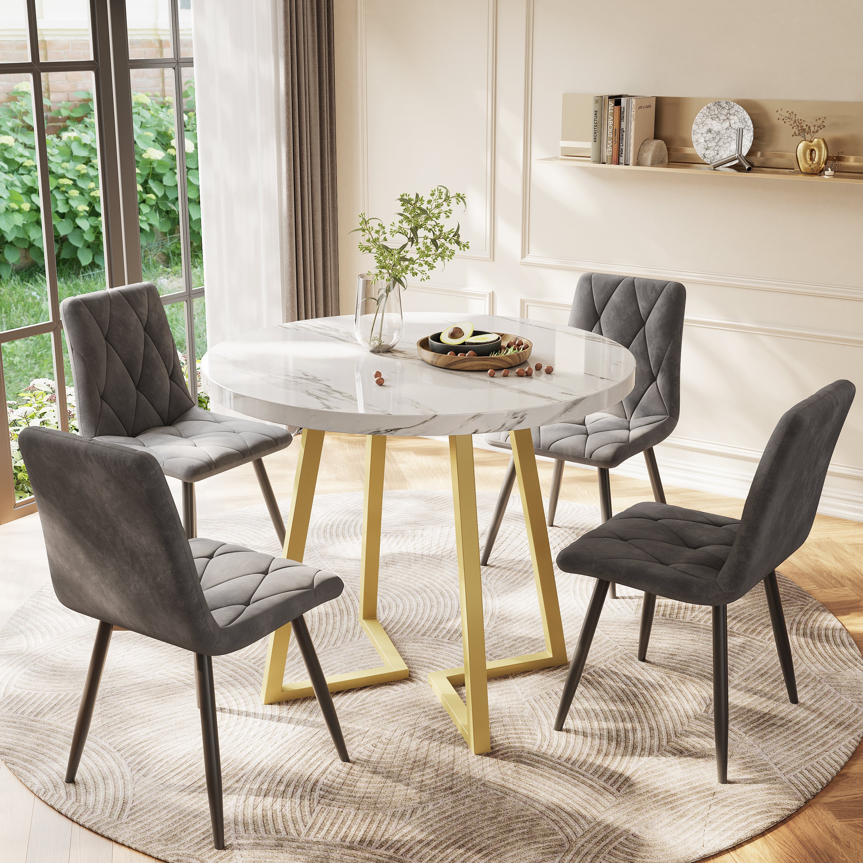 Modern Metal Frame Marble Pattern Round Coffee Table 80x80x75cm With Gold Stand, Suitable For Small Dining Table In Living Room And Bedroom